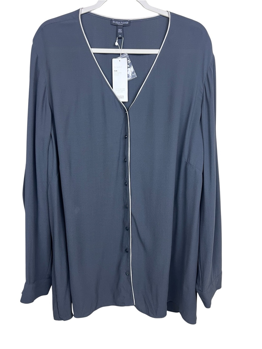 Eileen Fisher Graphite Silk Georgette Crepe Piped Button Down Shirt 3X